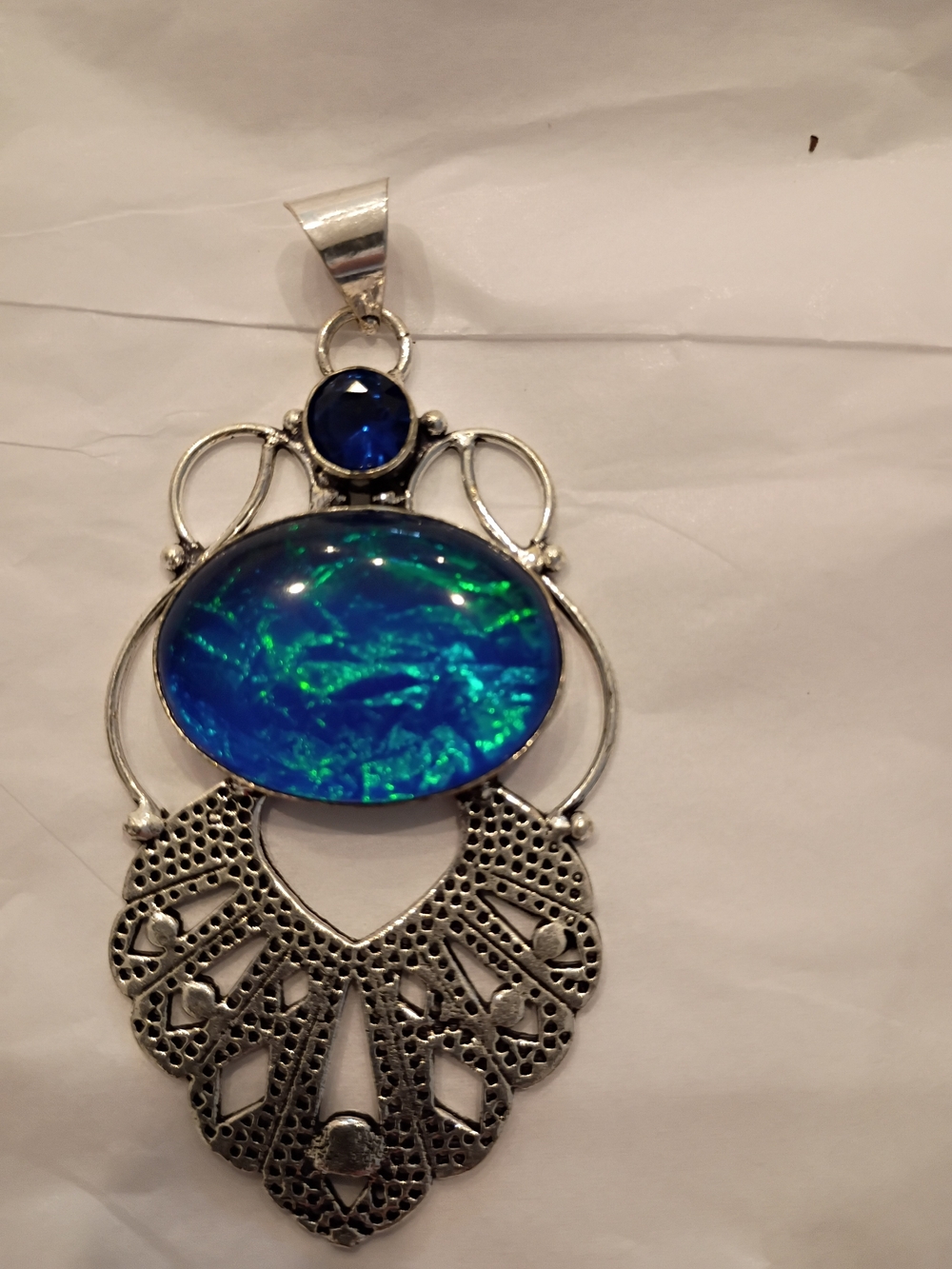Silver Filigree Pendant with Blue-Green Opal Center And Blue Sapphire Stone - Picture 2 of 7